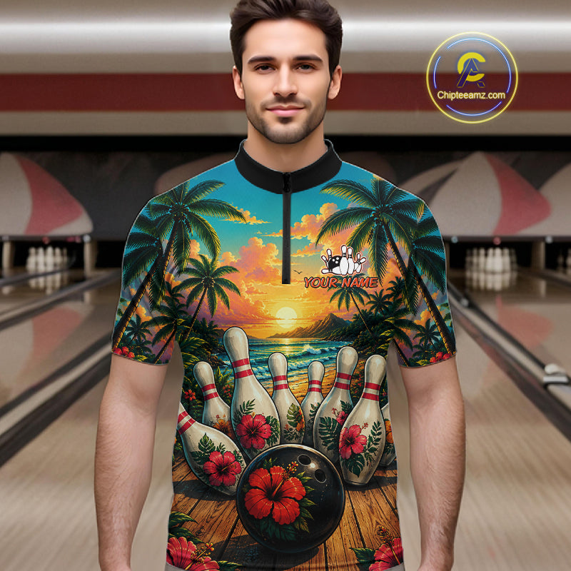 Man wearing a tropical hibiscus ocean scene bowling quarter zip shirt in a bowling alley, featuring customizable player name and team name text.