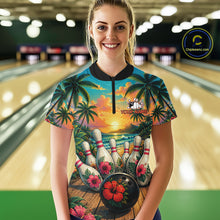 Load image into Gallery viewer, Woman wearing a tropical hibiscus ocean scene bowling quarter zip shirt in a bowling alley, featuring customizable player name and team name text.