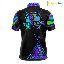 Load image into Gallery viewer, Neon purple blue 8 ball tie dye pool team polo shirt for men with vibrant billiard graphics.