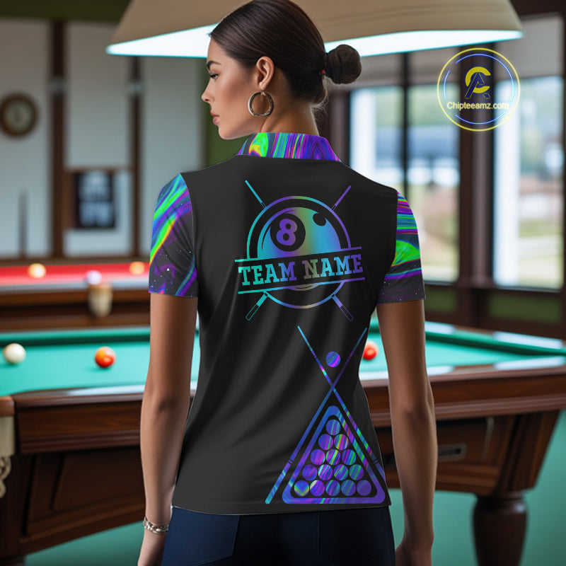 Back view of woman wearing a neon purple blue 8 ball tie dye 8 ball pool jersey.