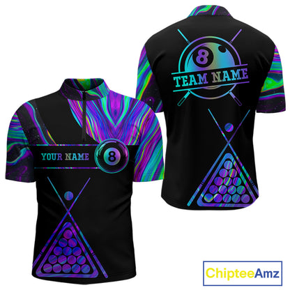 Neon purple blue 8 ball tie dye quarter zip billiard shirt for men, custom pool team jersey.
