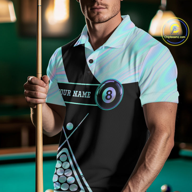 Man Wearing Neon Holographic Blue 8 Ball Pool Tie Dye Billiard Polo Shirt with Athletic Performance Fit and Vibrant Holographic Graphic Artwork, Front View
