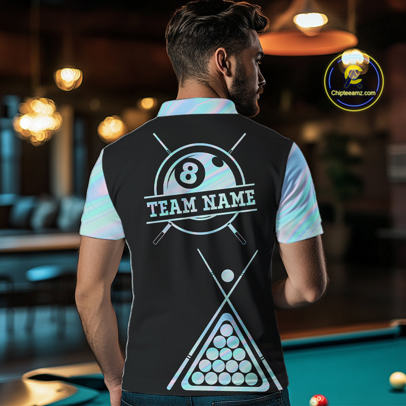 Man Wearing Neon Holographic Blue 8 Ball Pool Tie Dye Custom Billiard Team Jersey Featuring the Complete Rear Graphic Design, Back View
