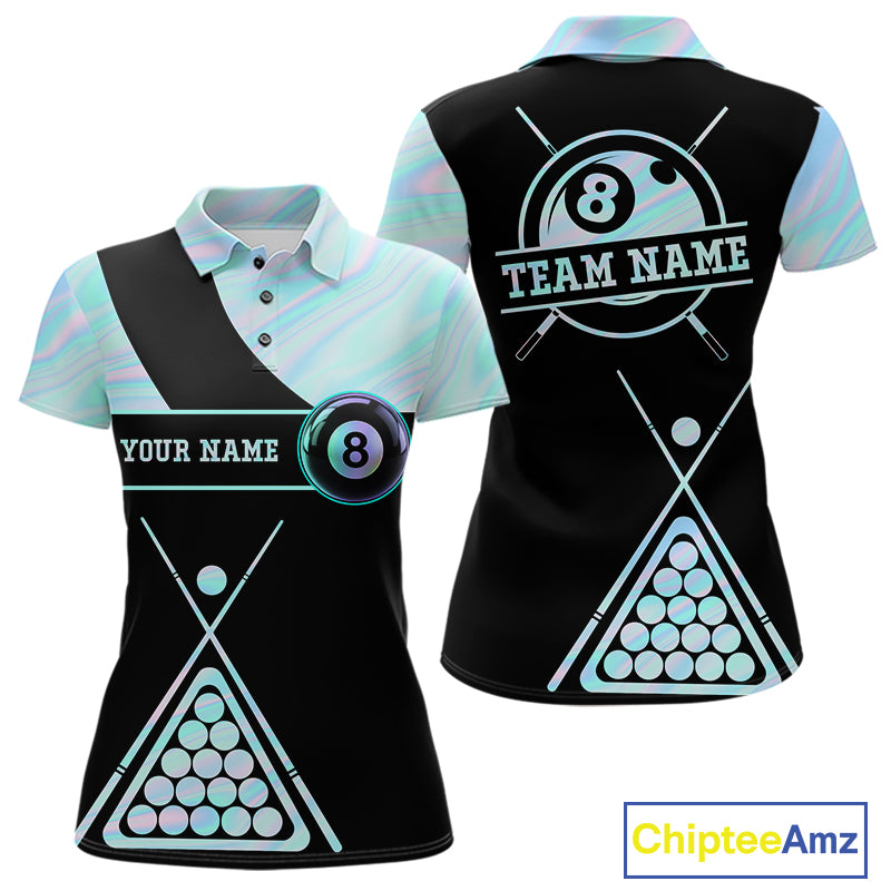 Neon Holographic Blue 8 Ball Pool Tie Dye Billiard Polo Shirt for Women Featuring Vibrant Holographic Tie Dye Artwork for Pool League Players, Team Competition, and Tournament Events