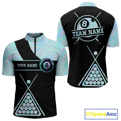 Neon Holographic Blue 8 Ball Pool Tie Dye Quarter Zip Billiard Shirt for Men Created for Competitive Pool League Teams with Performance Fabric and Tournament Ready Comfort