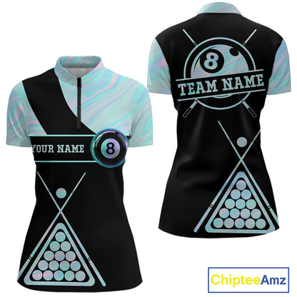 Neon Holographic Blue 8 Ball Pool Tie Dye Quarter Zip Billiard Shirt for Women Created for Competitive Pool League Teams with Performance Fabric and Tournament Ready Comfort