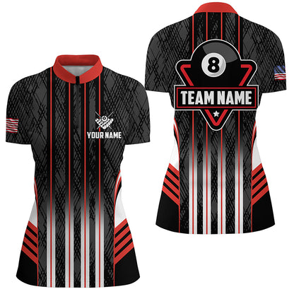 Personalized Red 8 Ball Pool Billiard Jerseys For Women, Billiard League Team Polo & 1/4 Zip Shirts TDM2862