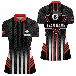 Personalized Red 8 Ball Pool Billiard Jerseys For Women, Billiard League Team Polo & 1/4 Zip Shirts TDM2862