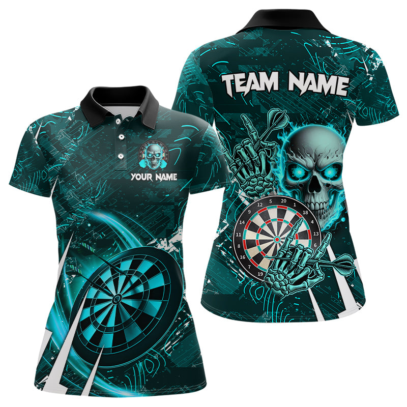 Turquoise 3D Skull Darts Polo & 1/4 Zip Shirts For Women Custom Cool Darts League Team Jerseys TDM3101