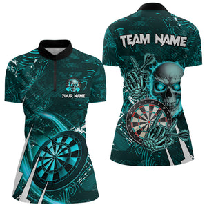 Turquoise 3D Skull Darts Polo & 1/4 Zip Shirts For Women Custom Cool Darts League Team Jerseys TDM3101