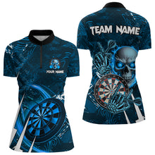 Load image into Gallery viewer, Personalized Blue 3D Skull Darts Polo &amp; 1/4 Zip Shirt For Women Custom Cool Darts League Team Jersey TDM3102