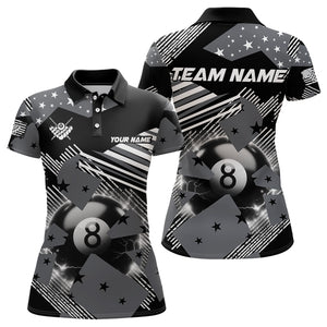 Grey And Black American Flag Custom 8 Ball Billiard Shirts For Women, Pride Patriotic Billiard Jersey TDM3107