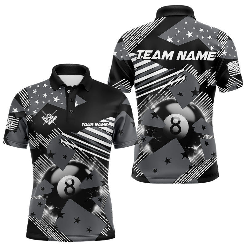 Grey And Black American Flag Custom 8 Ball Billiard Shirts For Men, Pride Patriotic Billiard Jersey TDM3107