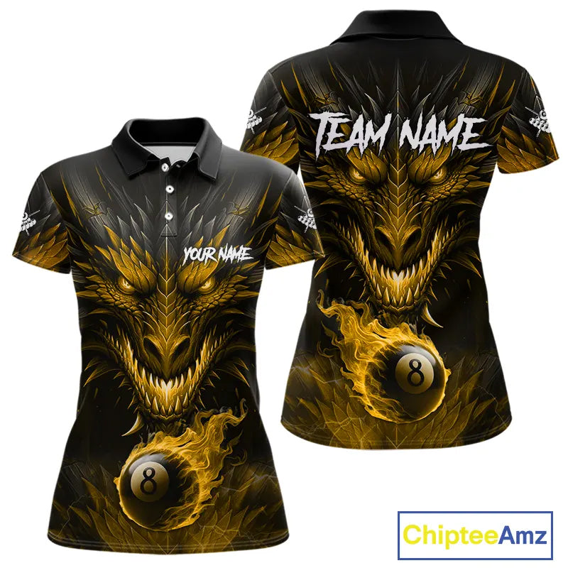 Personalized Dragon 8 Ball Fire Flame 3D Billiard Shirt For Women, Billiard League Team Jersey|Yellow TDM5595