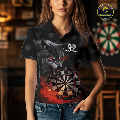 Black And Red Flaming Wolf Darts Polo & Quarter Zip For Women Custom Darts Team Jersey TDM5830