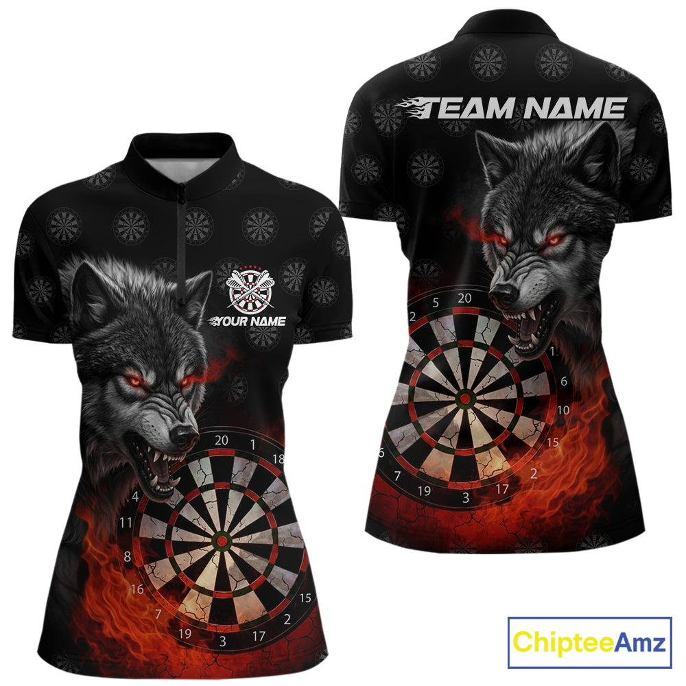 Black And Red Flaming Wolf Darts Polo & Quarter Zip For Women Custom Darts Team Jersey TDM5830