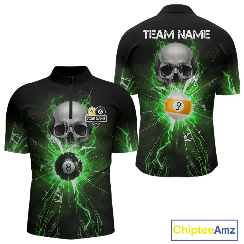 Green 8 & 9 Ball Skull Billiard Shirt For Men Custom Glass Break Pool Team Jersey Polo & 1/4 Zip TDM5972