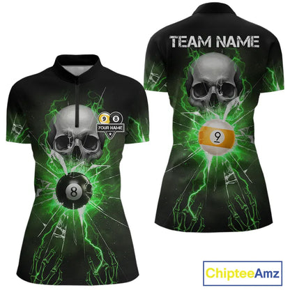 Green 8 & 9 Ball Skull Billiard Shirt For Women Custom Glass Break Pool Team Jersey Polo & 1/4 Zip TDM5972