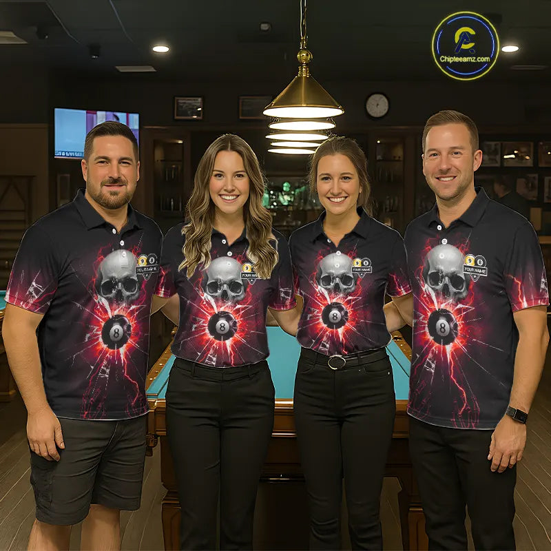 Red 8 Ball & 9 Ball Skull Billiard Shirt For Men Custom Glass Break Pool Team Jersey Polo, 1/4 Zip TDM5973