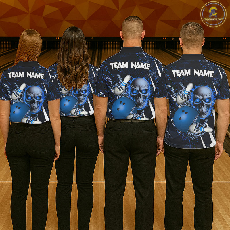Personalized Skull Bowling Jersey For Men Custom Bowling Team Shirt Polo & Quarter Zip | Blue TDM6206