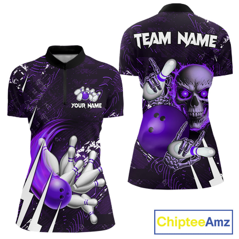 Personalized Skull Bowling Jersey For Women Custom Bowling Team Shirt Polo & Quarter Zip | Purple TDM6207
