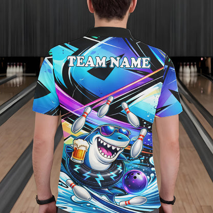 Blue Funny Shark Graffiti Bowling Shirts For Men, Best Bowling Team Jersey Polo & Quarter Zip TDM6209