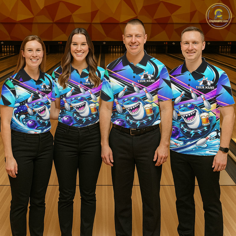 Blue Funny Shark Graffiti Bowling Shirts For Men, Best Bowling Team Jersey Polo & Quarter Zip TDM6209