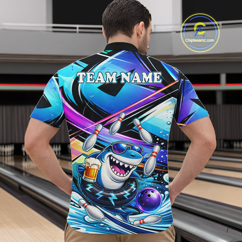 Blue Funny Shark Graffiti Bowling Shirts For Men, Best Bowling Team Jersey Polo & Quarter Zip TDM6209