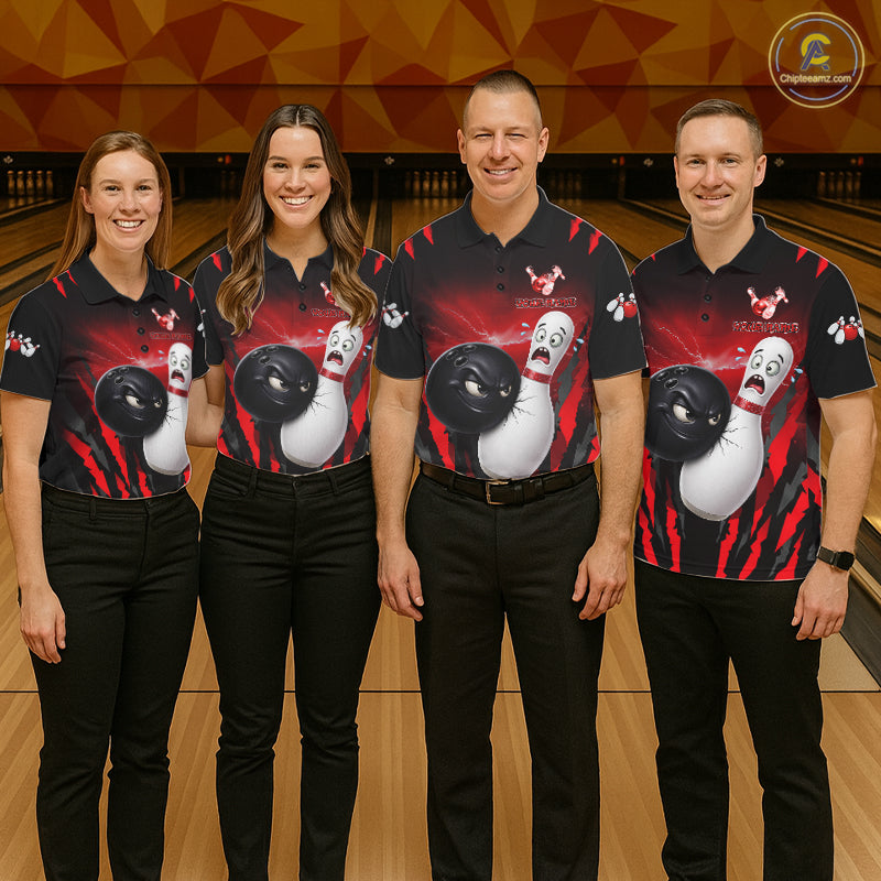 Funny Bowling Ball Custom Black And Red Bowling Shirt For Men, Bowling Team Jersey Polo & 1/4 Zip TDM6210