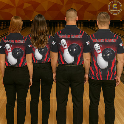 Funny Bowling Ball Custom Black And Red Bowling Shirt For Men, Bowling Team Jersey Polo & 1/4 Zip TDM6210