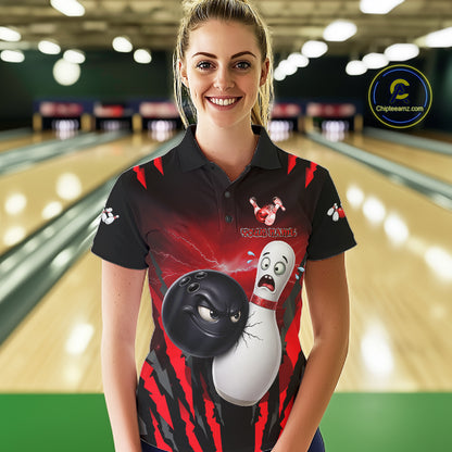 Funny Bowling Ball Custom Black And Red Bowling Shirt For Women, Bowling Team Jersey Polo & 1/4 Zip TDM6210