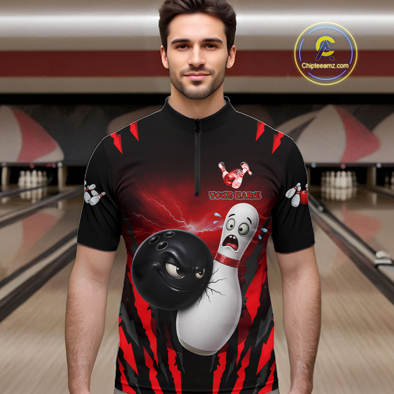 Funny Bowling Ball Custom Black And Red Bowling Shirt For Men, Bowling Team Jersey Polo & 1/4 Zip TDM6210