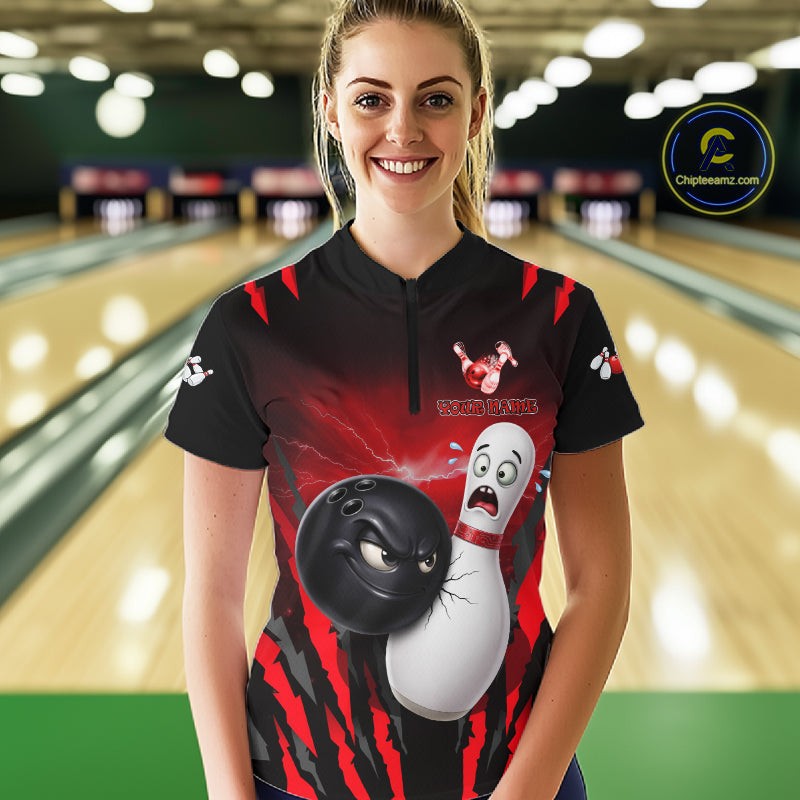 Funny Bowling Ball Custom Black And Red Bowling Shirt For Women, Bowling Team Jersey Polo & 1/4 Zip TDM6210
