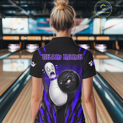 Funny Bowling Ball Custom Black And Purple Women's Bowling Shirt, Bowling Team Jersey Polo & 1/4 Zip TDM6212