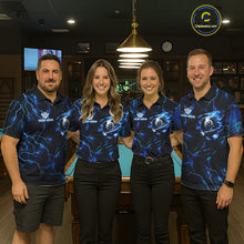 Load image into Gallery viewer, Pool team wearing matching blue thunder billiard jerseys during league play front view.