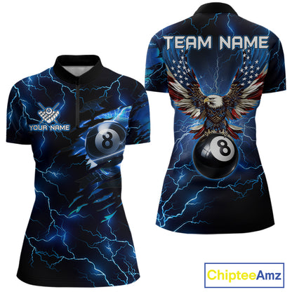 Women’s blue thunder lightning billiard quarter zip shirt designed for tournaments and team play.