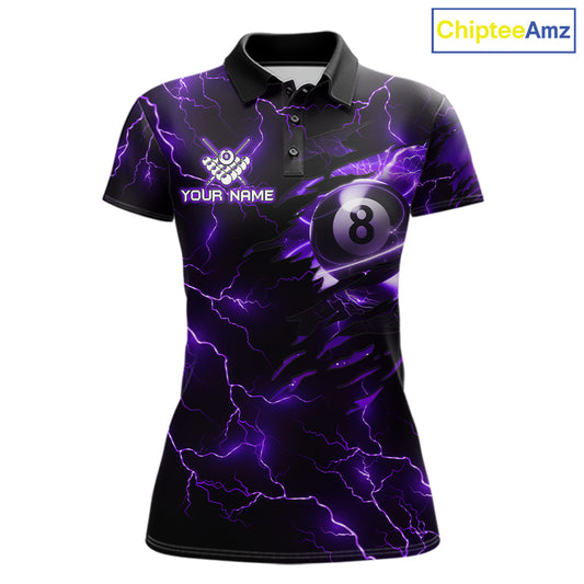 Custom purple thunder lightning pool jersey for women with bold 8 ball billiard graphics.