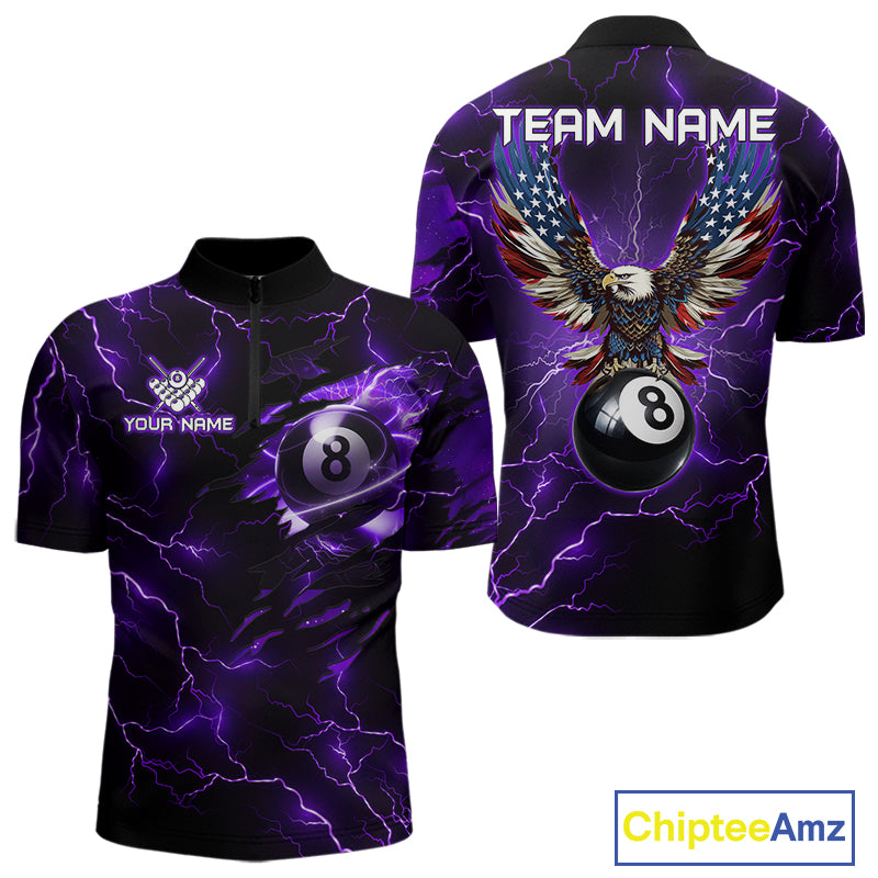 Men’s purple thunder lightning billiard quarter zip shirt for tournaments and team matches.
