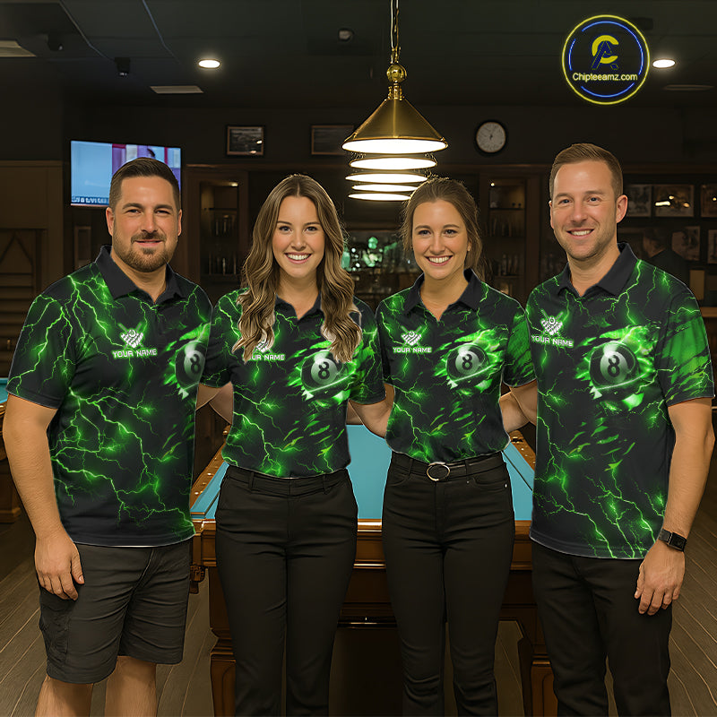 Pool team wearing matching green thunder billiard jerseys during tournament play front view.