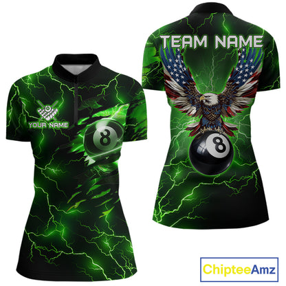 Women’s green thunder lightning billiard quarter zip shirt with patriotic 8 ball artwork.