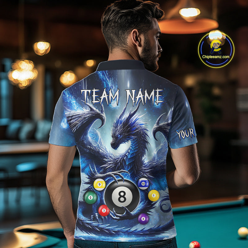 Back view of man wearing a custom blue dragon pool team shirt in a billiards hall.