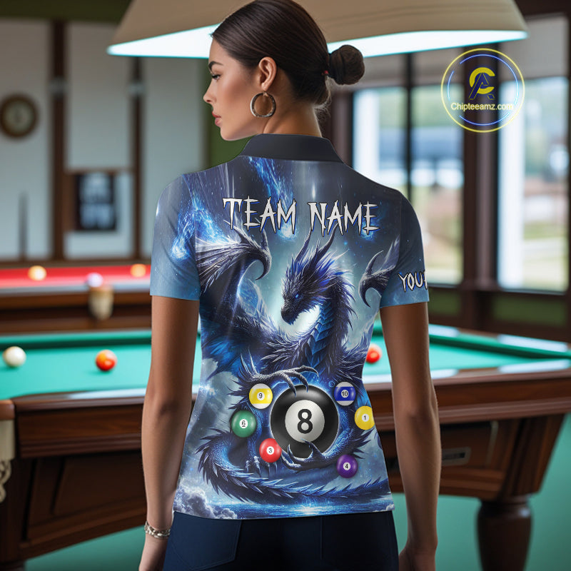 Back view of woman wearing a blue flame smoke pool team shirt in a billiards hall.