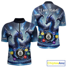 Load image into Gallery viewer, Men’s blue dragon 8 ball billiard quarter zip shirt for tournaments and team matches.
