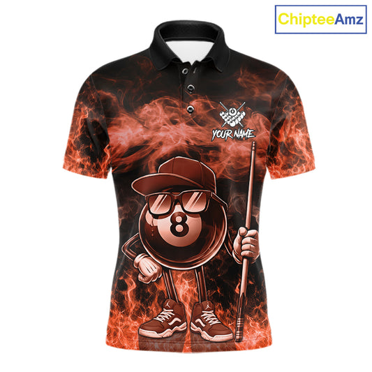 Orange funny 8 ball flame smoke billiard polo shirt for men, custom billiard team jersey uniform.