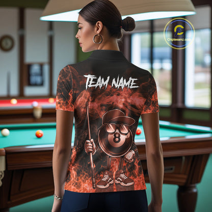 Back view of woman wearing an orange 8 ball flame smoke pool team jersey.