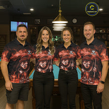 Load image into Gallery viewer, Pool team wearing matching orange 8 ball flame smoke billiard jerseys front view.