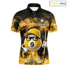 Load image into Gallery viewer, Yellow funny 9 ball flame smoke billiard polo shirt for men, custom billiard team jersey uniform.