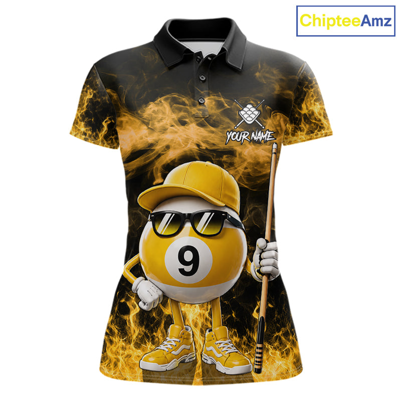 Yellow funny 9 ball flame smoke billiard polo shirt for women, custom billiard team jersey uniform.