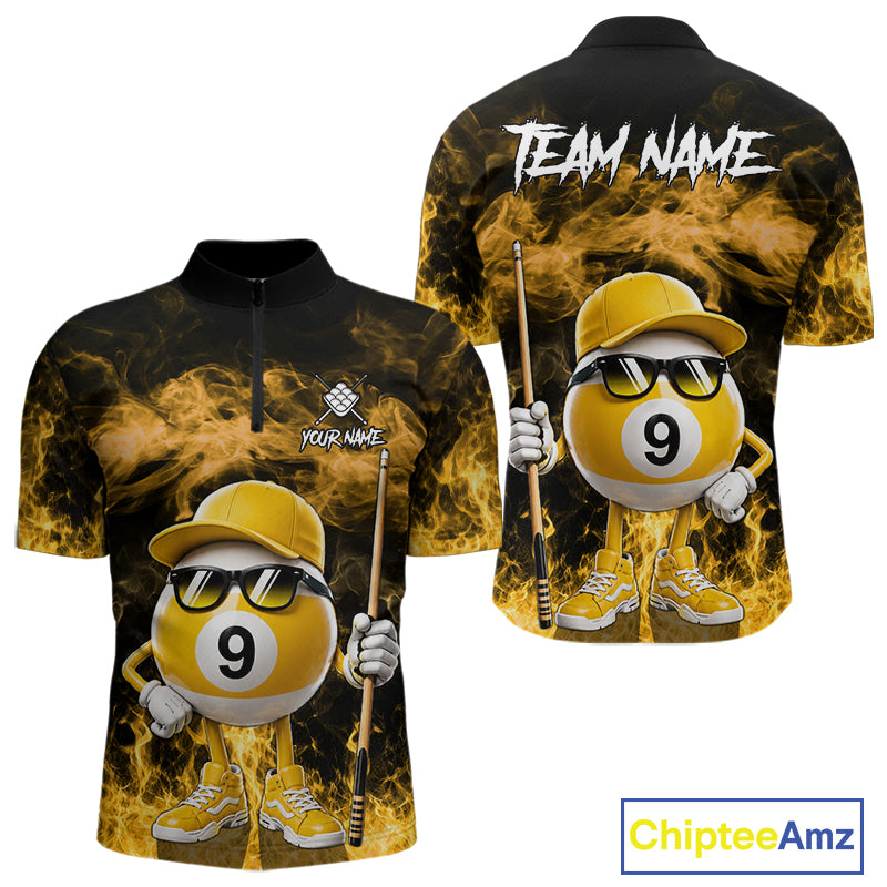 Yellow 9 ball flame smoke quarter zip billiard shirt for men, custom pool team jersey.