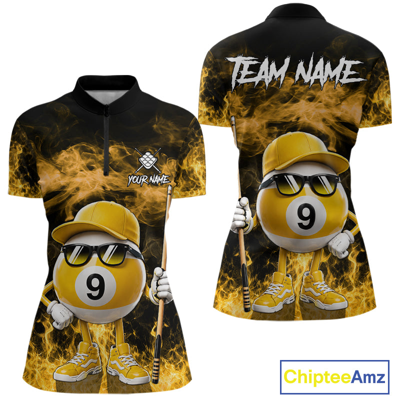 Yellow 9 ball flame smoke quarter zip billiard shirt for women, custom pool team jersey.
